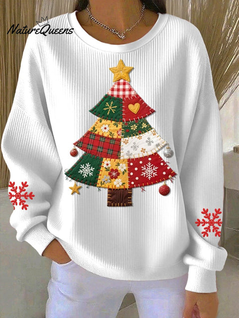 Women's Casual Pink Patchwork Christmas Tree Print Textured Sweatshirt