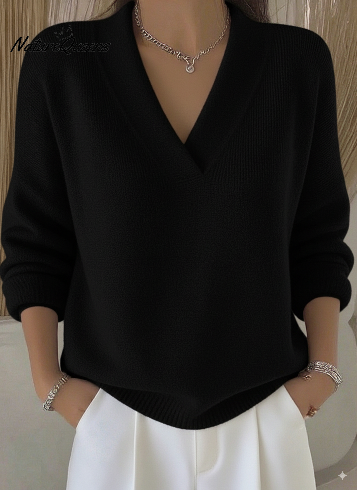 Women's Casual Solid Color V-neck Sweater Top