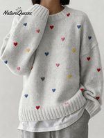 Women'S Casual Loose-Fitting Round-Neck Sweater With Heart Embroidery