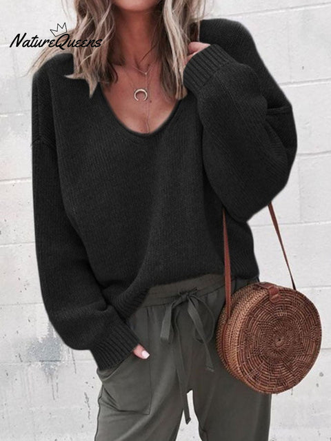 Women's Solid Color Casual V-Neck Sweater