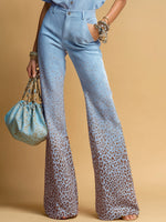 Retro Lapel Short Sleeve Faux Suede Shirt And Gradient Leopard Print Flared Trousers