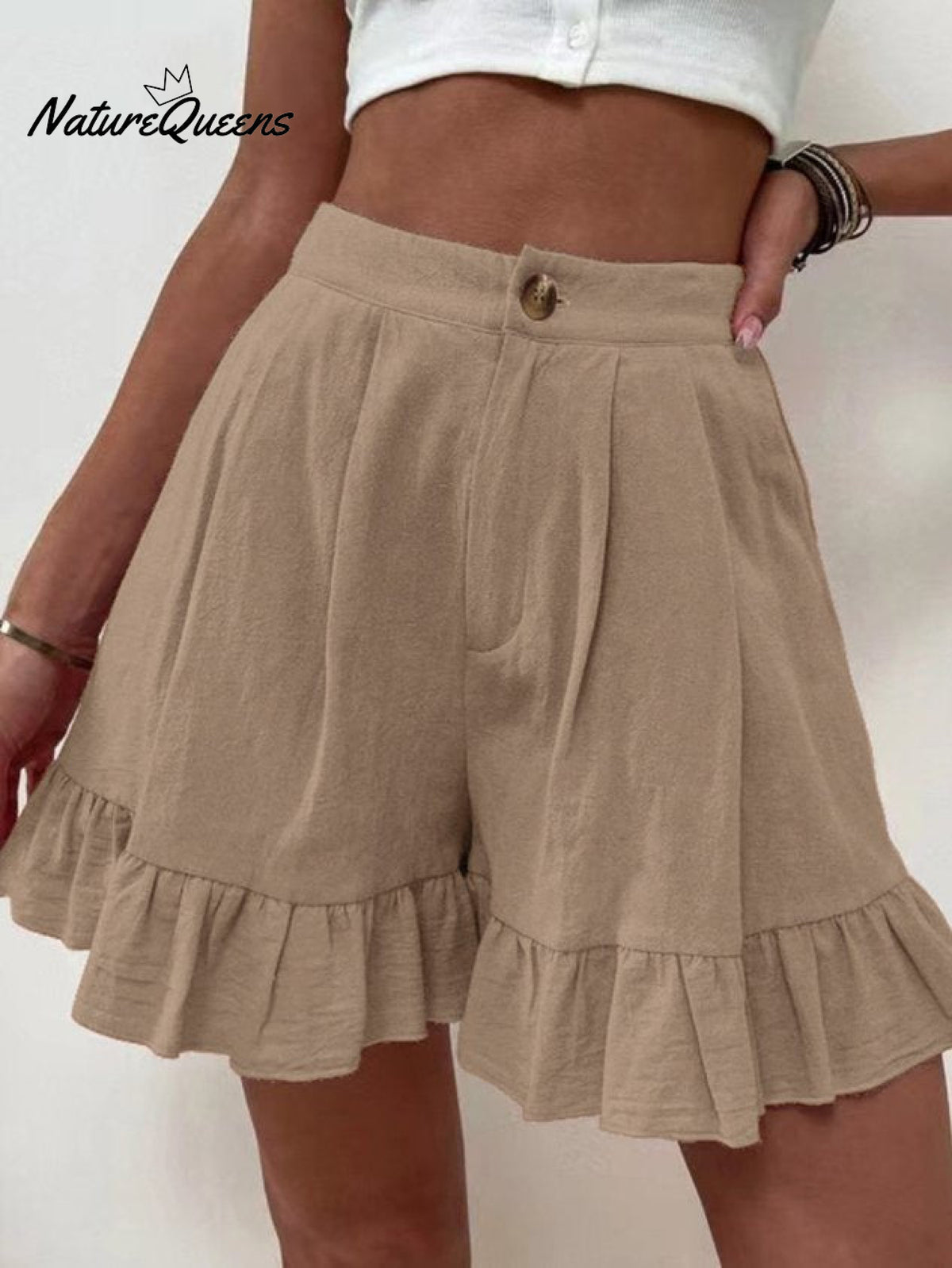Women Summer Cotton Casual Plain Natural Ruffled Shorts Khaki / S(4)