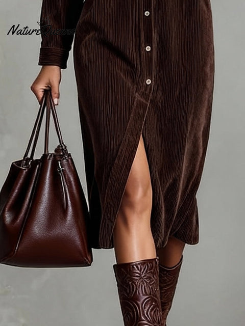 Loose Corduroy Double Chest Pocket Single Breasted Midi Dress