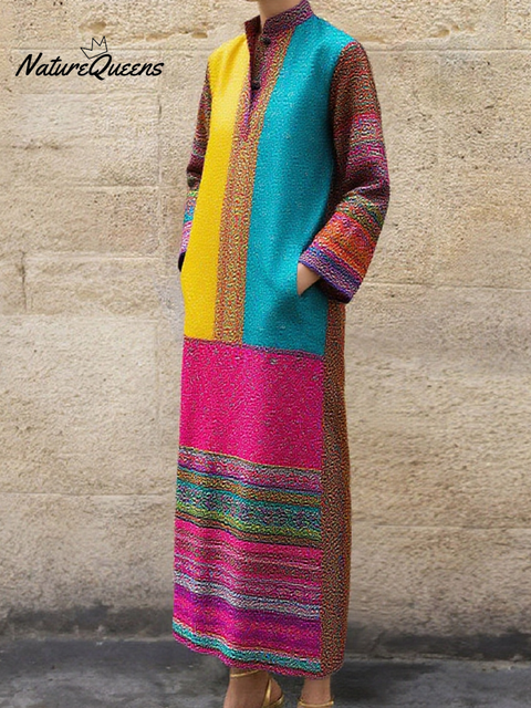 Retro Color Block Print Maxi Dress