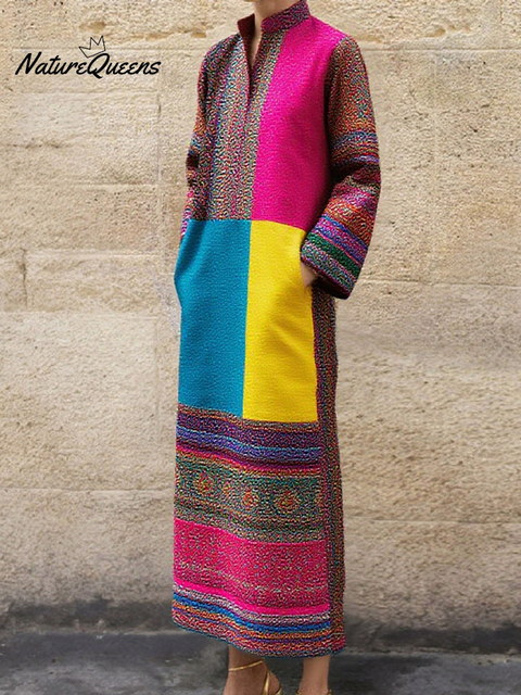 Women's Retro Printed Pocket Maxi Dress