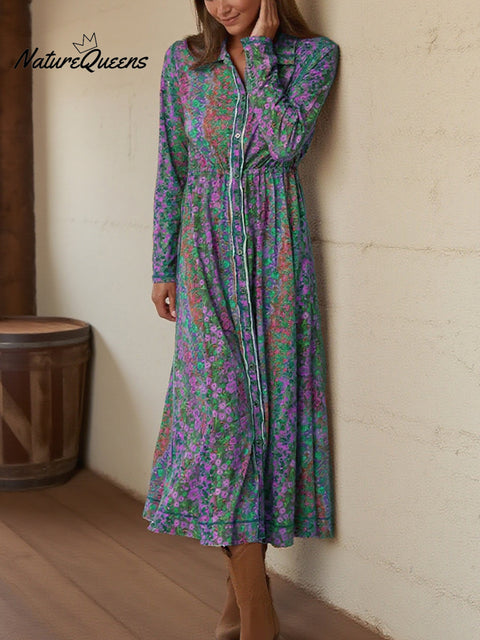 Boho Rainbow Floral Print Shirt Stretch Dress