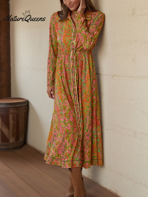 Boho Rainbow Floral Print Shirt Stretch Dress
