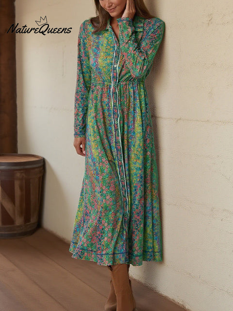 Boho Rainbow Floral Print Shirt Stretch Dress