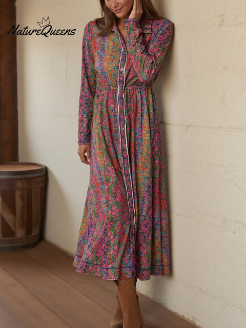Boho Rainbow Floral Print Shirt Stretch Dress