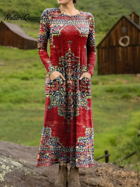 Autumn and Winter Retro Totem Print Stretch Dress