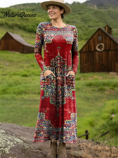 Autumn and Winter Retro Totem Print Stretch Dress