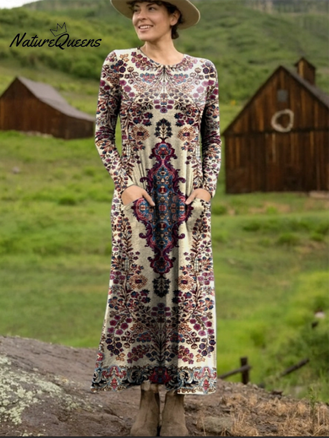 Autumn and Winter Retro Floral Print Stretch Dress