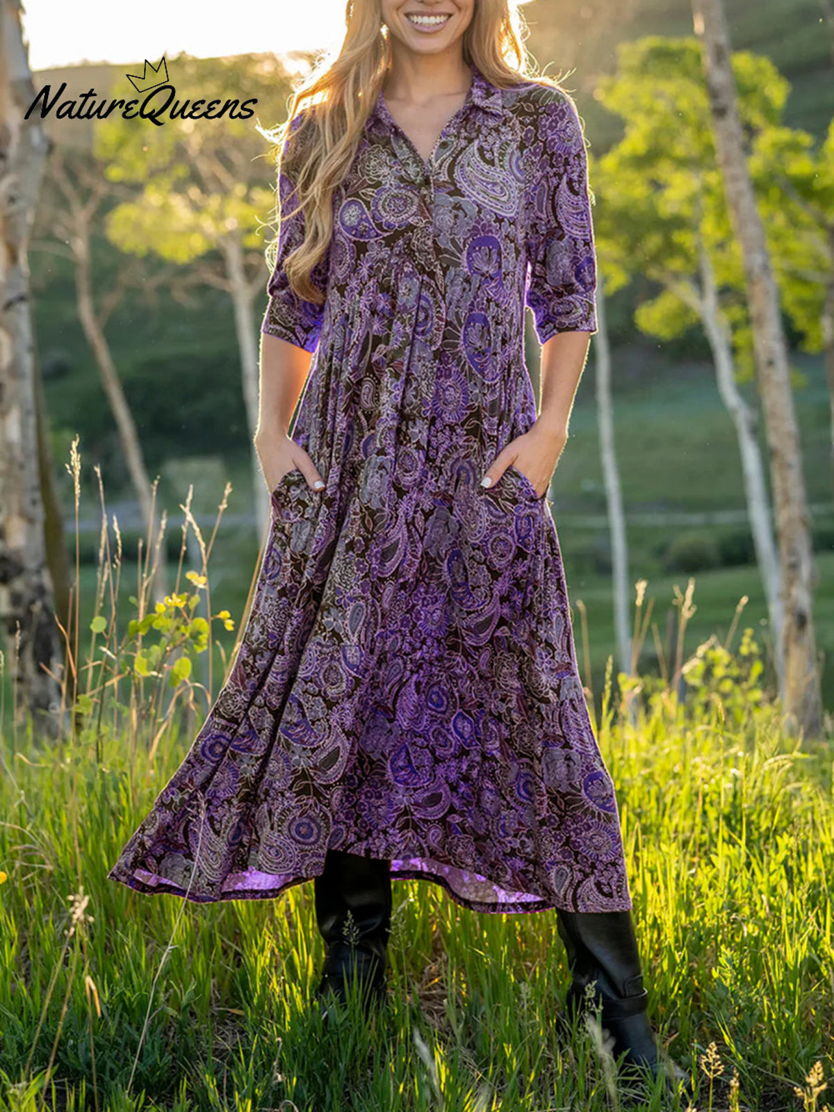 Comfortable Paisley Print Shirt Midi Dress