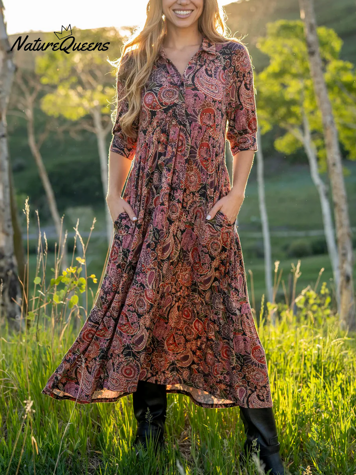 Comfortable Paisley Print Shirt Midi Dress