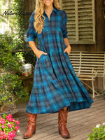 Women's Comfortable Plaid Print Shirt Midi Dress