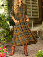 Women's Comfortable Plaid Print Shirt Midi Dress