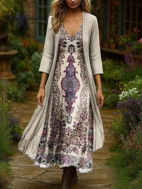 Women's Floral Print Cardigan Dress Two-piece Set