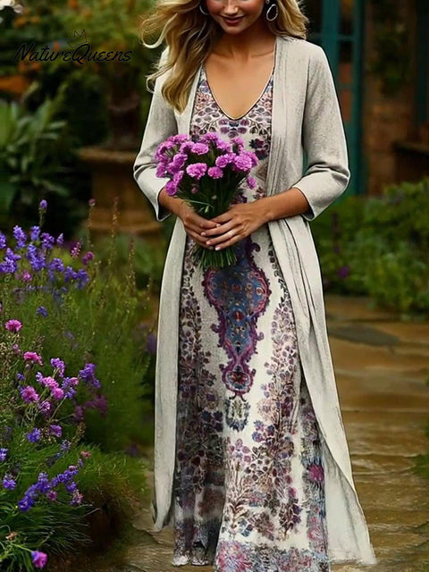 Women's Floral Print Cardigan Dress Two-piece Set