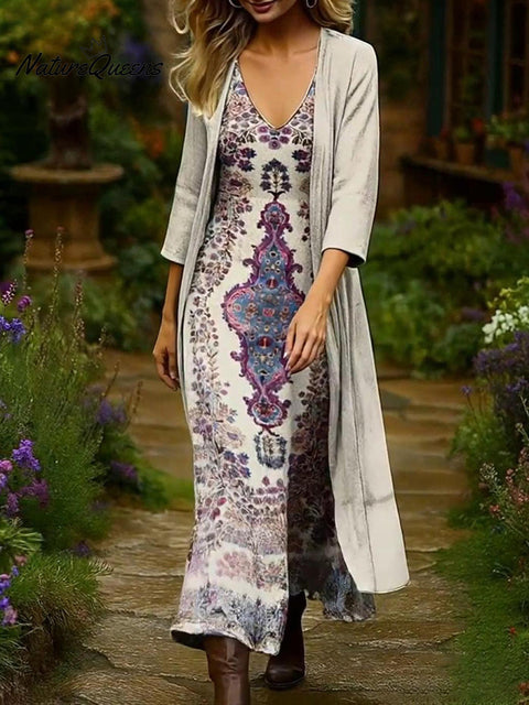 Women's Floral Print Cardigan Dress Two-piece Set