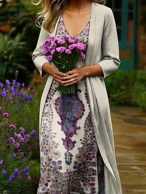 Women's Floral Print Cardigan Dress Two-piece Set