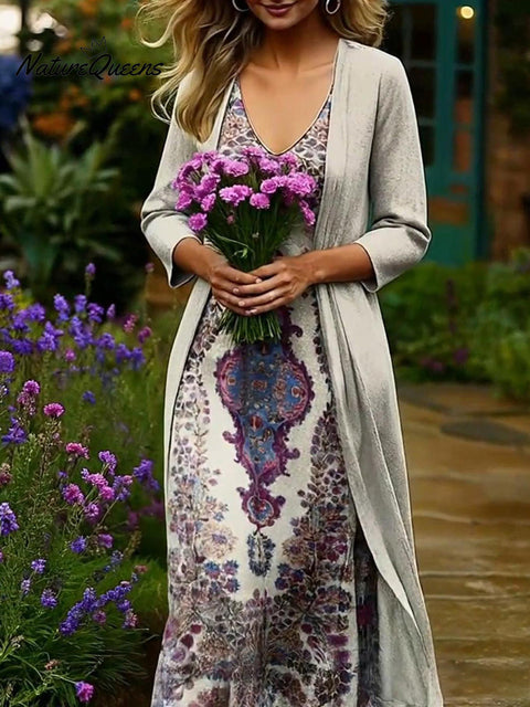 Women's Floral Print Cardigan Dress Two-piece Set
