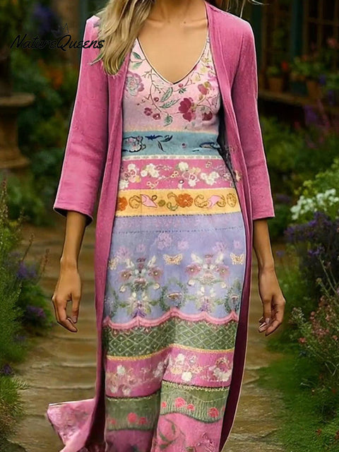 Women's Floral Patchwork Print Cardigan Dress Two-piece Set