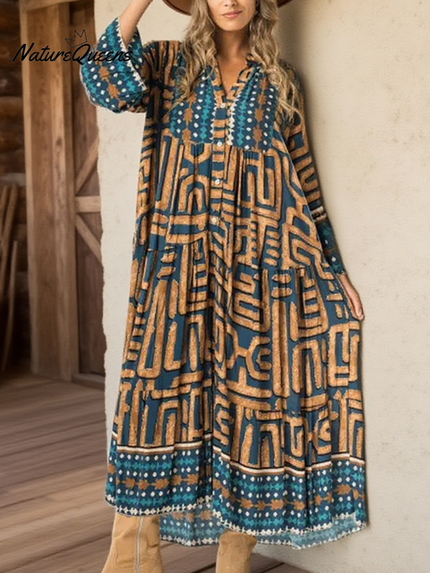 Women's Loose Patchwork Printed Shirt Dress