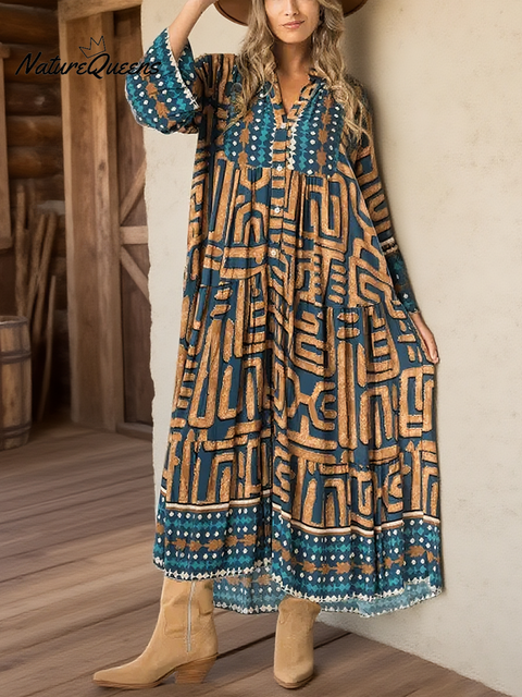 Women's Loose Patchwork Printed Shirt Dress