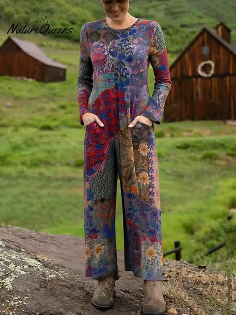 Women's Boho Natural Floral Print Stretch Jumpsuit