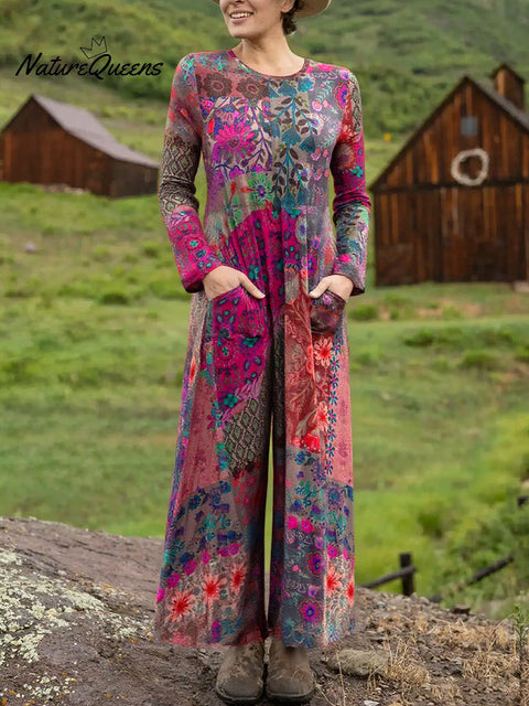 Women's Boho Natural Floral Print Stretch Jumpsuit