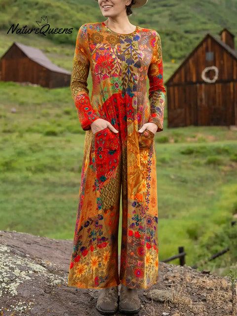 Women's Boho Natural Floral Print Stretch Jumpsuit