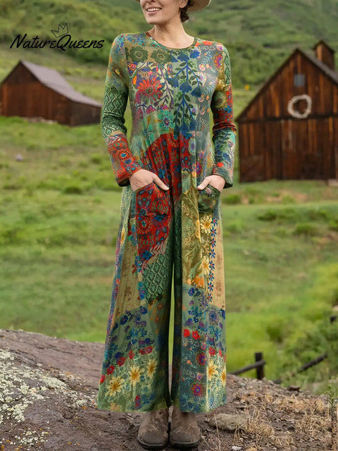 Women's Boho Natural Floral Print Stretch Jumpsuit