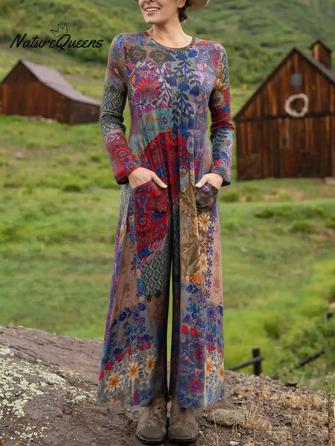 Women's Boho Natural Floral Print Stretch Jumpsuit