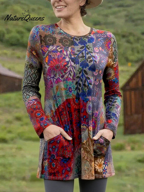 Women's Boho Flower Stitching Print Pocket Stretch Top