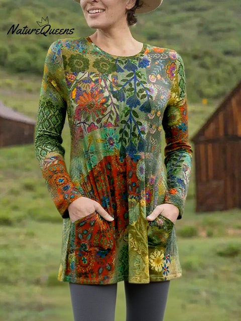 Women's Boho Flower Stitching Print Pocket Stretch Top