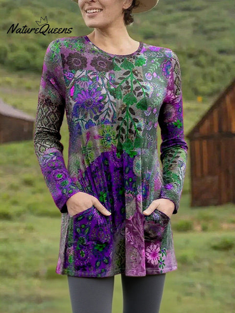 Women's Boho Flower Stitching Print Pocket Stretch Top