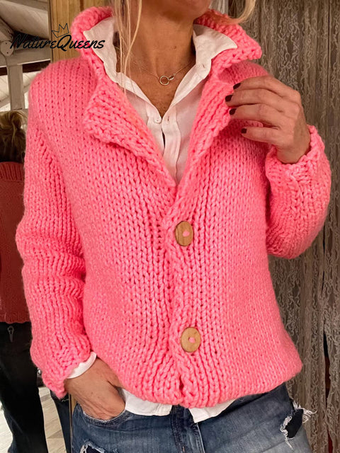 Women's Thick-knit Button Lapel Cardigan Sweater