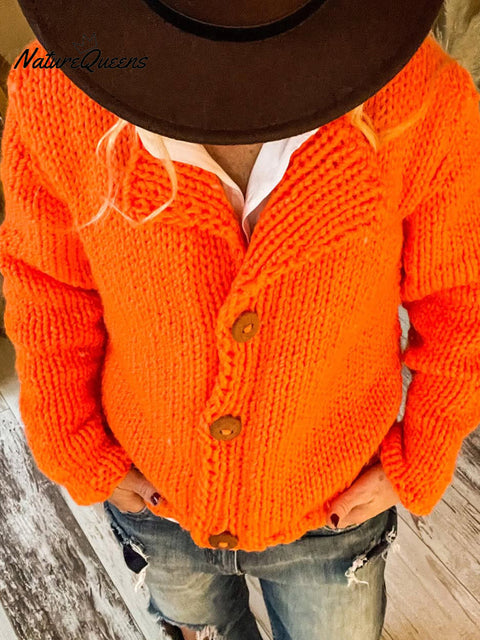Women's Thick-knit Button Lapel Cardigan Sweater