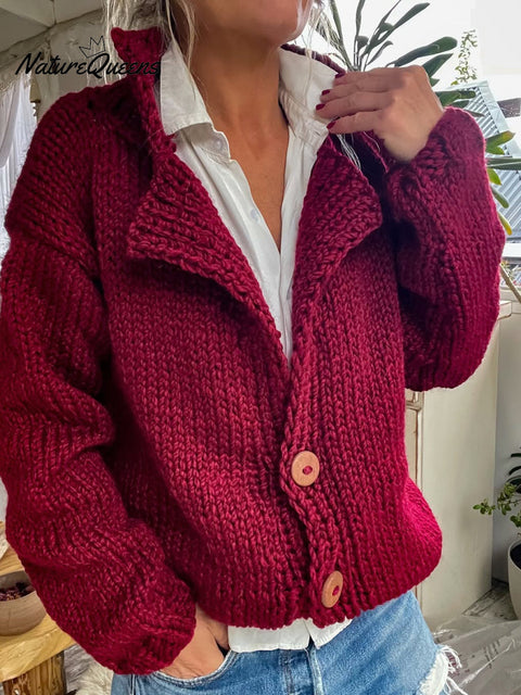 Women's Thick-knit Button Lapel Cardigan Sweater
