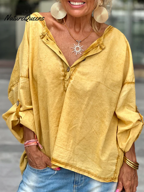Women's Loose Button Cotton and Linen Shirt Top