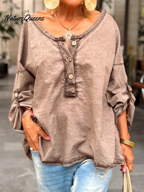 Women's Loose Button Cotton and Linen Shirt Top