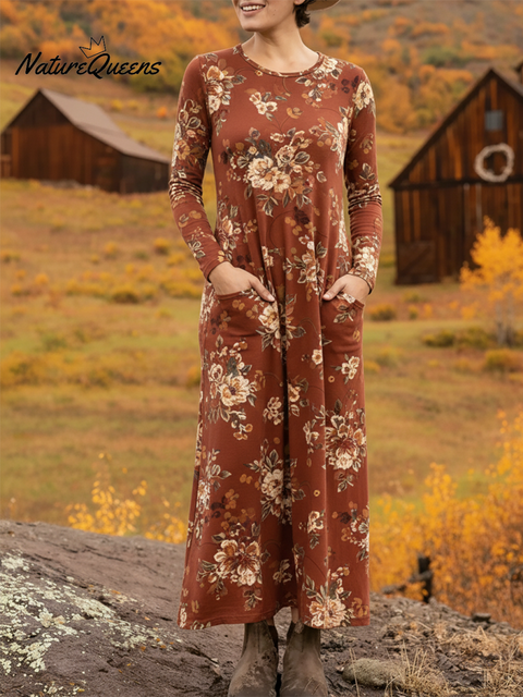 Women's Soft Floral Print Pocket Stretch Dress Caramel