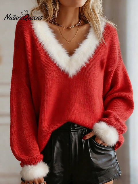 Women's casual Christmas fur collar knitted top