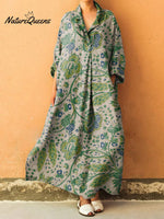 Vintage Bohemian Floral Print Shirt Collar Long Sleeve Loose Dress