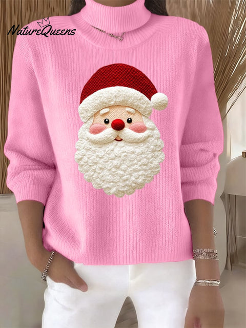 Women's Retro Santa Print Turtleneck Knit Top