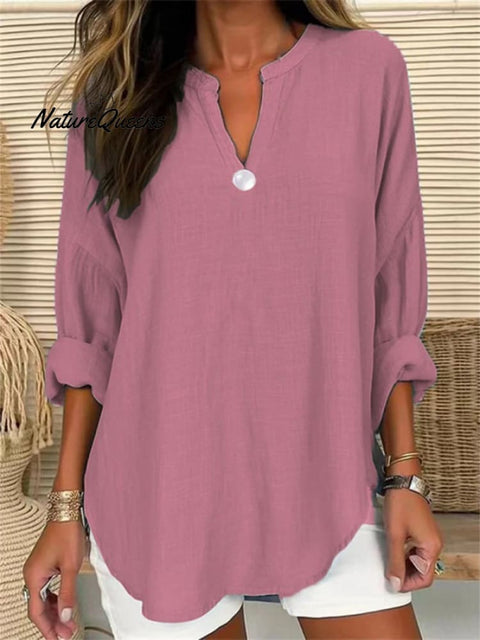 Women’s Retro Casual V - Neck Solid Color One - Button Top Pink / S