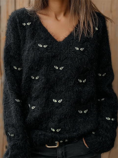 Black Cat Faces Embroidered Fuzzy Cozy Knit Sweater