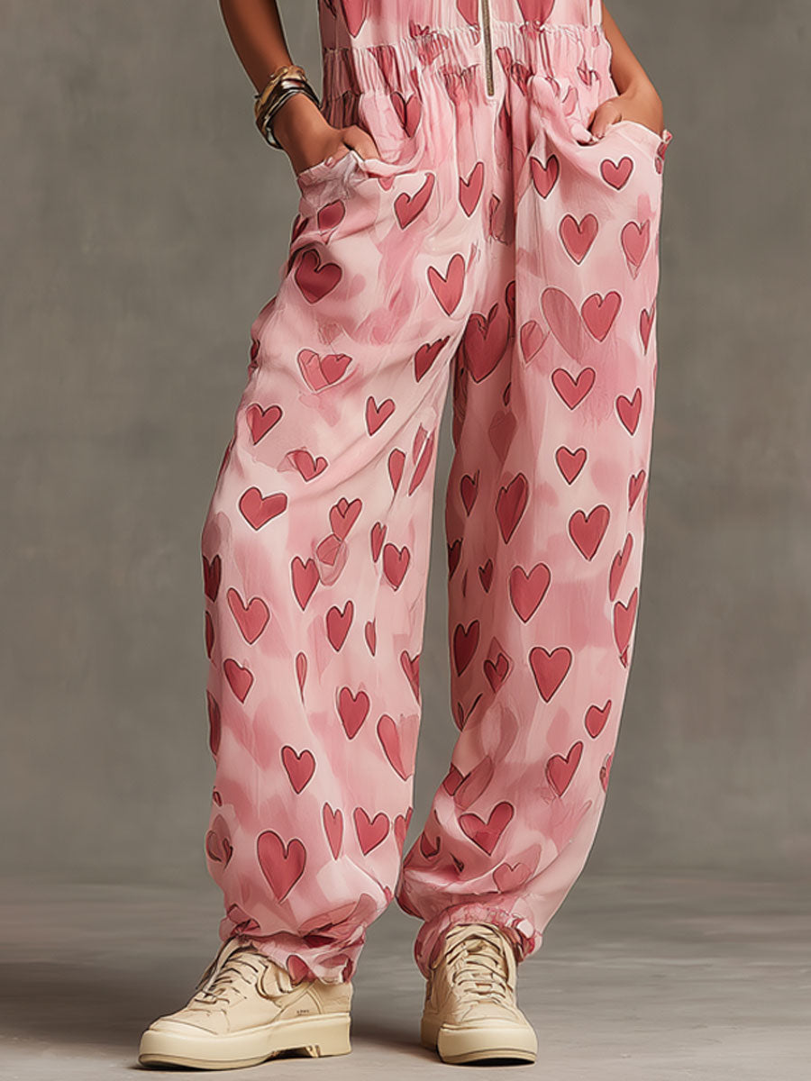 Retro Pink Heart Chiffon Sleeveless Wide-Leg Jumpsuit