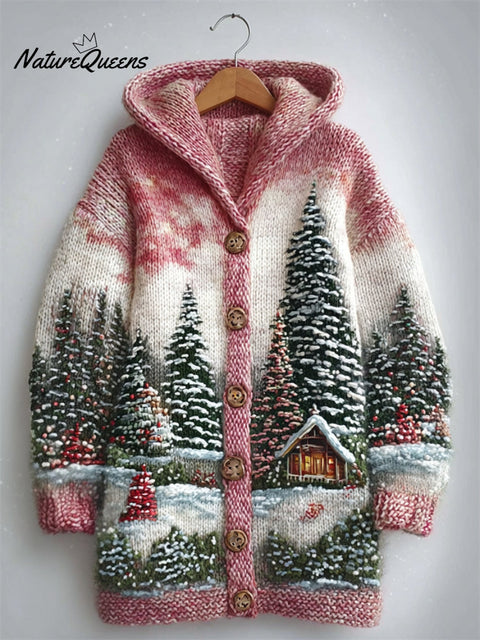 Snowy Christmas Landscape Cozy Knit Hooded Cardigan
