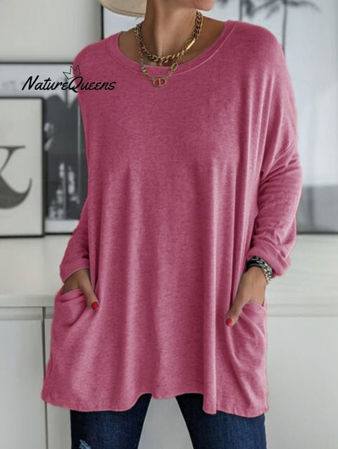 Casual Crew Neck With Pockets Loose Long Sleeve Blouse Hot Pink / S
